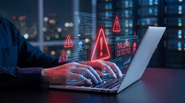 cybersecurity malware detection system with red alert warnings, digital threat analysis on laptop, and real-time network protection against data breach and cyberattacks.

