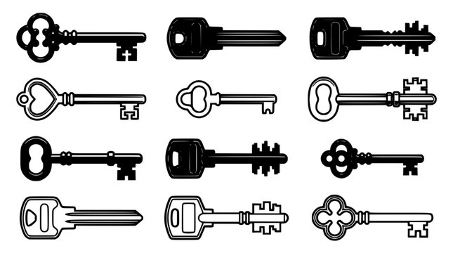 Keys in Black and White Vector Illustration with Various Designs and Shapes Featuring Key, Lock, Security with Access and Door
