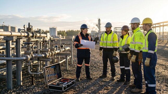 Utility Site Toolbox Talk Before Maintenance Shift Under Morning Sun