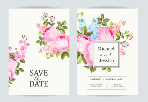 Marriage invitation card with custom sign and rose frame over beige