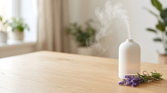 Aromatherapy diffuser releasing fragrant steam with fresh lavender on a wooden table, creating a peaceful and serene atmosphere for home relaxation and wellness