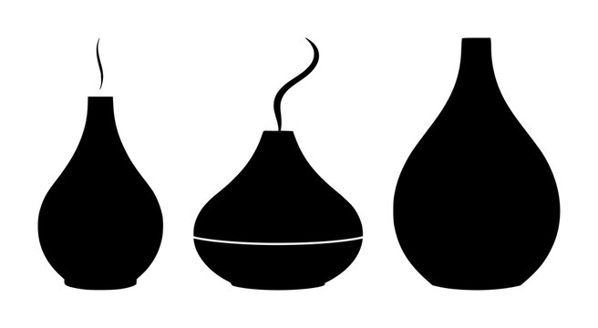 Aromatherapy oil diffuser set with solid black icon on white background featuring aromatherapy, oil, diffuser with minimalism and simplicity