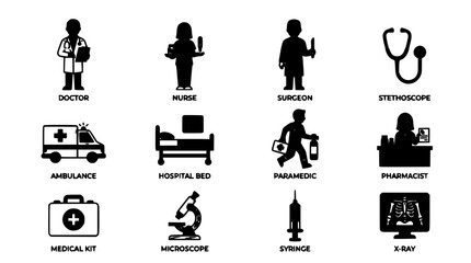 Obraz premium Medical Icons Depicting Professionals and Equipment in Simple Line Style Featuring Doctor, Nurse, Surgeon with Stethoscope