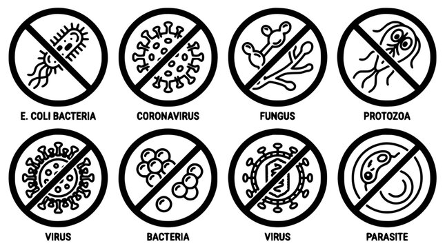 Microorganisms with Prohibition Signs in Circular Icons Featuring Microorganism, Sign, Bacteria with Virus and Fungus Elements