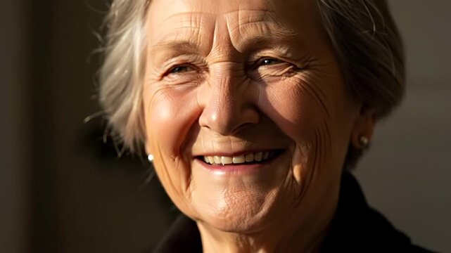Cheerful elderly woman smiling warmly in natural light.