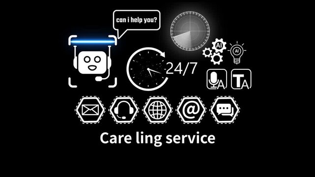 care ling service With Global Communication Icons And 24 7 Clock and Radar scanning . address, live chat, man) 4k video animation