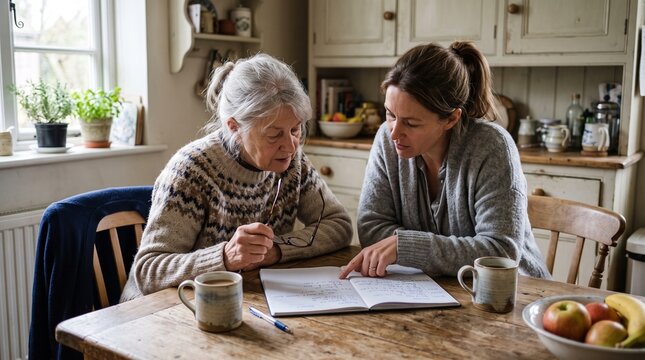 Mother Daughter Kitchen Planning Conversation in Lived In Family Home
