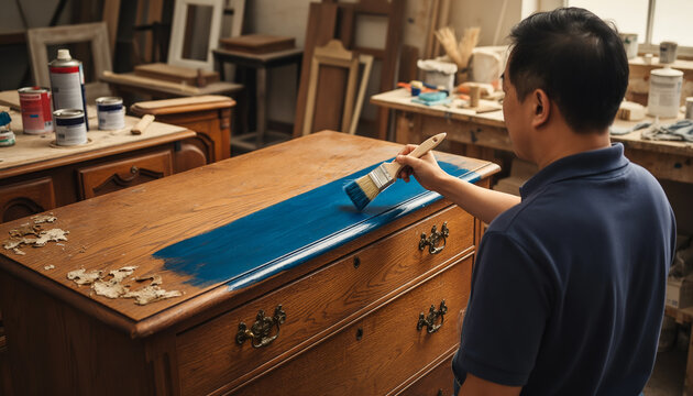 Focused Asian male carpenter carefully painting a vintage wooden dresser with bright blue paint using a brush inside a cluttered traditional furniture restoration workshop