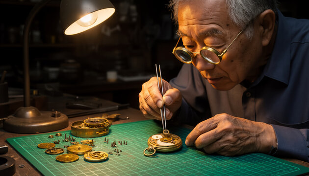 Focused senior Asian male watchmaker with glasses carefully repairing a vintage mechanical pocket watch using precision tweezers under a warm desk lamp