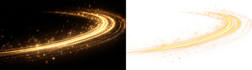 Transparent png of glowing orange dust swirl overlay with sparkling light wave effect magical twirl and shining luxury particle trail isolated line shine element round fantasy © Anna Nasiedkina