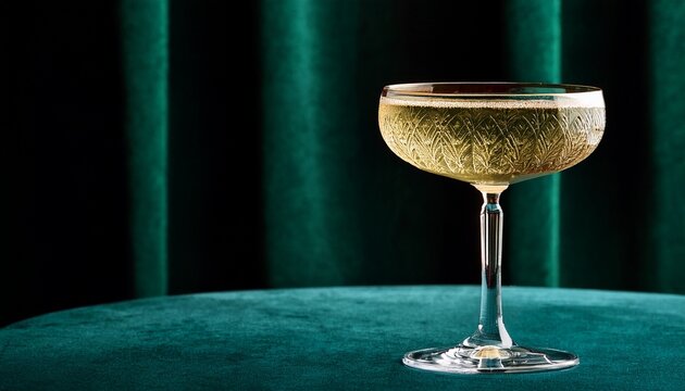 Elegant Champagne Cocktail Glass On Luxury Table With Dark Green Velvet Background