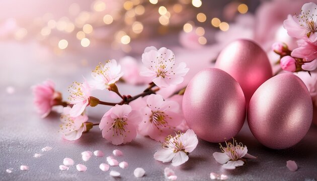 Sparkling Pink Easter Eggs And Delicate Cherry Blossoms On A Textured Surface Creating A Soft Dreamy Spring Holiday Background With Bokeh Lights