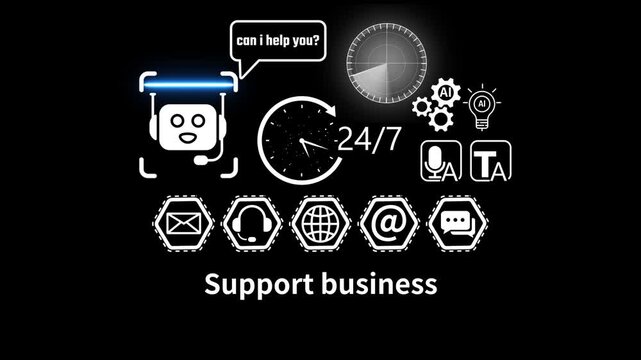 support basinet With Global Communication Icons And 24 7 Clock and Radar scanning . address, live chat, man) 4k video animation