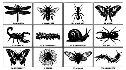 Dragonfly Illustration with Insect Lineup in Black and White, Labeled Boxes Showing Various Winged and Crawling Species Concept © MDRASHIDUL