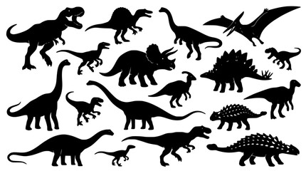 Dinosaurs in Various Poses and Styles as Black Silhouettes on a White Background Featuring Prehistoric, Reptiles, Fossils © MDRASHIDUL