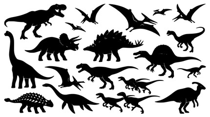 Dinosaurs in Various Poses and Species as Black Silhouettes on White Background Featuring Prehistoric, Creatures, Fossils © MDRASHIDUL