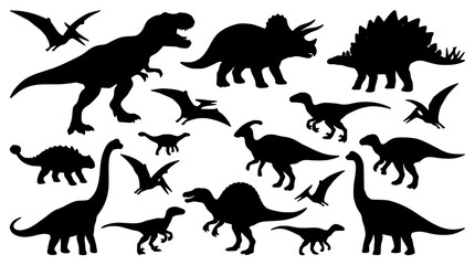 Dinosaur Silhouettes Collection of Various Prehistoric Creatures with Textured Spiky and Roaring Shapes on White Background © MDRASHIDUL
