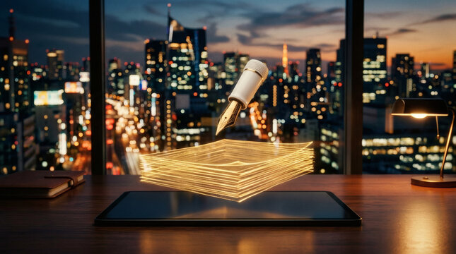 A minimalist concept of a classic white fountain pen tip floating above a sleek tablet screen, with thin, glowing golden data streams forming a neat stack of blank paper sheets. Dark corporate 