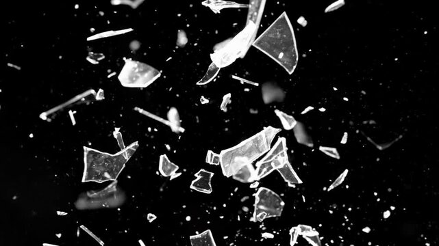Glass Shards Flying out of Darkness 4K Loop features glass shards flying toward the viewer out of a black background in a loop.