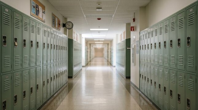 Long school corridor with green lockers on walls