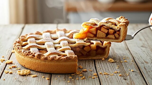 A warm apple pie slice being served on a rustic wooden table.