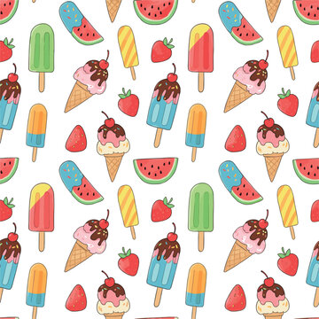 Summer Ice Cream and Popsicle Seamless Pattern Vector Graphic Background Featuring Watermelon Slices and Fresh Strawberries for Sweet Festive Textile Designs