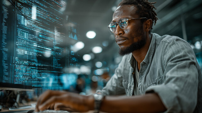 Black Software Engineer Programming Code on Computer in Tech Office; African American IT Developer Working on Cyber Security Data Analytics Overlay.A young Black man with glasses, copy space