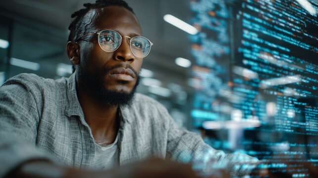 Black Software Engineer Programming Code on Computer in Tech Office; African American IT Developer Working on Cyber Security Data Analytics Overlay.A young Black man with glasses, copy space