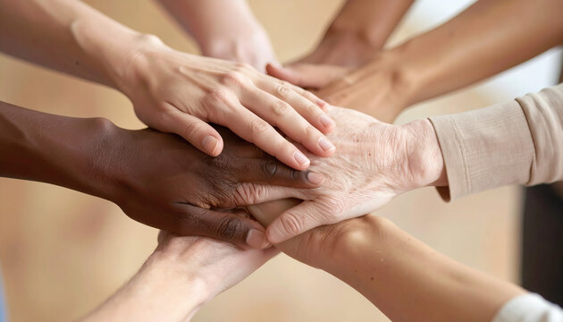 Diverse group of people putting their hands together in a circle showing unity cooperation teamwork and community support concept