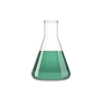 Science laboratory erlenmeyer flask filled with emerald green liquid on white background for chemistry experiments