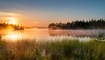 Fototapeta premium Fog Rising From Lake At Summer Morning Sunrise Landscape