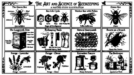 Beehive Frame Detailed Black and White Engraving Style Infographic with Beekeeping Tools and Honeycomb Patterns © MstSupti