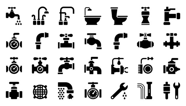 Plumbing fixtures and tools icon set black and white vector graphics for home improvement