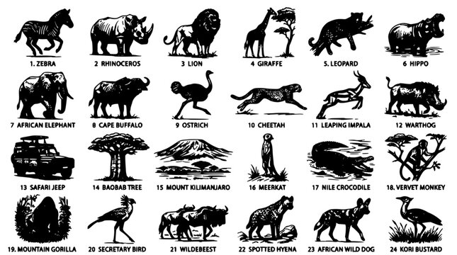 Animals and Nature Icons Featuring Zebra, Rhinoceros, Lion, Giraffe, Leopard, Hippo, African Elephant, Cape Buffalo, Ostrich, Chee