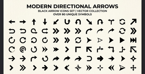 Naklejka premium A clean vector illustration showing a collection of 72 modern black arrow icons displayed in a structured modular grid on a solid white background. Icons include simple arrows, bold directional arrows