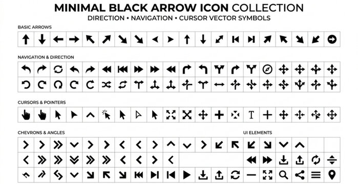 A professional vector illustration featuring a collection of 60 black arrow icons arranged in a clean symmetrical grid on a solid white background. The set includes straight arrows, curved arrows, dou