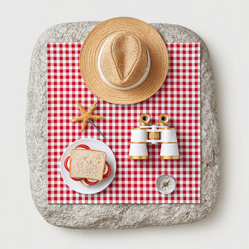 Picnic Flat Lay with Hat, Sandwich, Binoculars and Compass