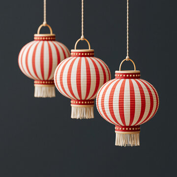 Red and White Japanese Lanterns Hanging Against Dark Background