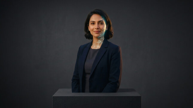 A clean conceptual image of a professional woman looking forward, with a subtle, glowing translucent mesh of digital neural nodes gently tracing the side of her profile. Isolated on a dark gray