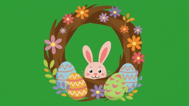 Cute Easter bunny peeking through a decorative floral wreath with colorful patterned eggs isolated on green screen chroma key background.