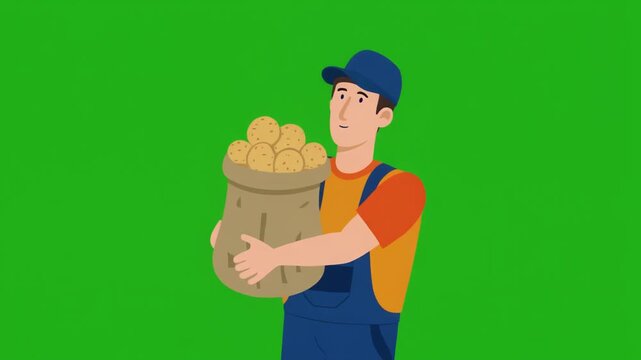 A cartoon farmer holding a large sack of fresh harvested potatoes isolated on green screen chroma key background.