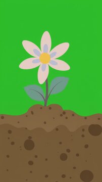 A simple flat vector illustration of a single flower growing out of the soil isolated on green screen chroma key background.