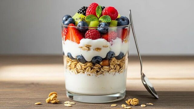 A vibrant parfait layered with yogurt, granola, and fresh berries.