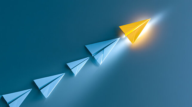 A distinctive business approach featuring a yellow paper airplane that shifts against blue planes, which represent innovation and a clear vision