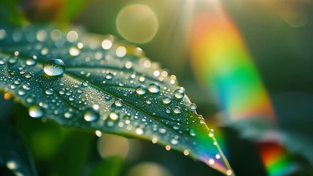 Close up of a vibrant green leaf covered in morning dew drops with a beautiful rainbow lens flare.
