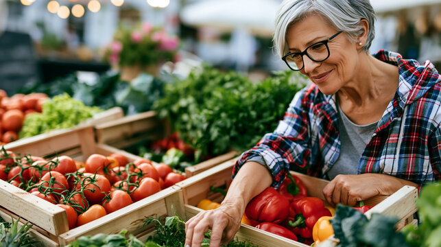 Senior woman buying fresh organic vegetables at a farmers market, choosing healthy produce for sustainable living