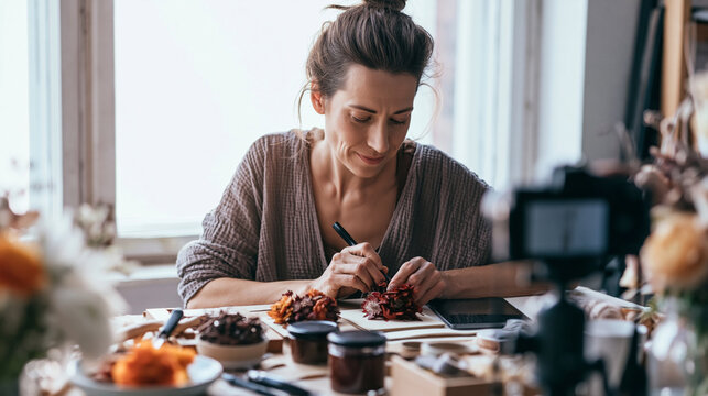 Woman vlogging making dried flower crafts for online masterclass, recording creative workshop for small business