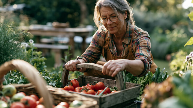 Senior woman harvesting fresh tomatoes in home garden, enjoying sustainable healthy living and organic farming
