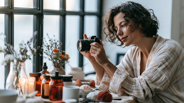 Woman enjoying creative photography hobby at home, capturing images of cozy home decor items indoors