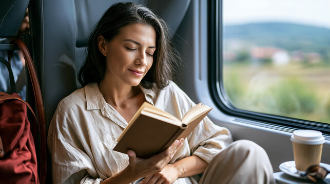 Woman wearing a cozy shirt andtrousers reads a book while traveling on a high speed train, enjoying personal relaxation